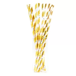 Sugar Plum Party 50-Piece Confetti Gold and White Assorted Disposable Paper Straw
