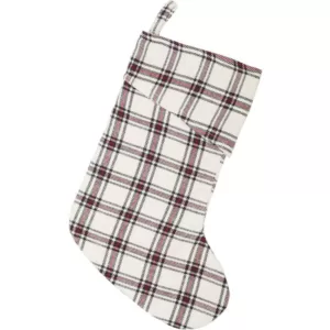 VHC Brands 15 in. 100% Cotton Amory Ivory White Farmhouse Christmas Decor Plaid Stocking