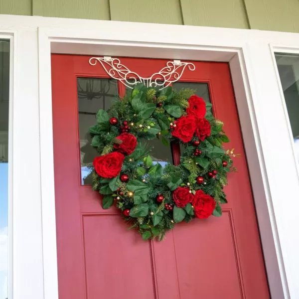 Village Lighting Company 30 in. Pre-Lit LED Red Peonies and Berry Wreath