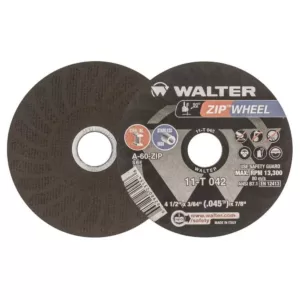 WALTER SURFACE TECHNOLOGIES Zip Wheel 4.5 in. x 7/8 in. Arbor x 3/64 in. GR 36/60, Highest Performing Cut-Off Wheel (25-Pack)
