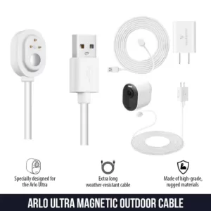 Wasserstein Arlo Ultra/Ultra 2 and Pro 3/Pro 4 Outdoor 25ft. Magnetic Charging Cable with Quick Charge Power Adapter (2-Pack, White)