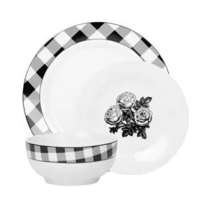 Godinger 12-Piece Damier White and Black Porcelain Dinnerware Set (Service for 4)