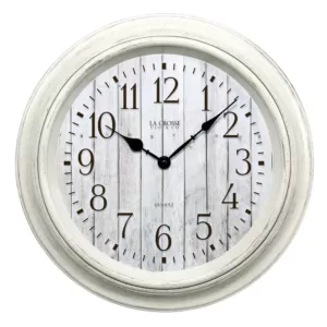 La Crosse Technology 14 in. Round White Barn wood Quartz wall clock