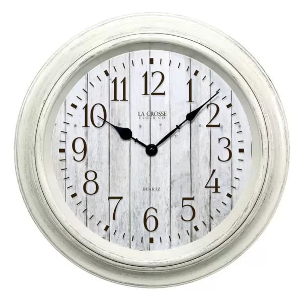 La Crosse Technology 14 in. Round White Barn wood Quartz wall clock