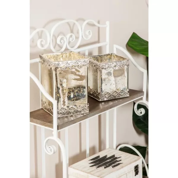 LITTON LANE White Cuboid Glass Candle Holders with Silver Ornate Details (Set of 2)