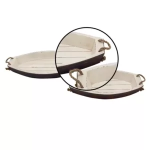 LITTON LANE Distressed White Wooden Boat-Shaped Decorative Trays (Set of 2)