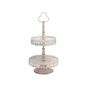 LITTON LANE 24 in. 2-Tiered Round Whitewashed and Rust Brown Iron Tray Stand with Cutout Bunting Overhang