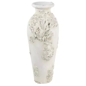 LITTON LANE Textural Tall White Large Floor Decorative Vase with Coral Nautical Decor