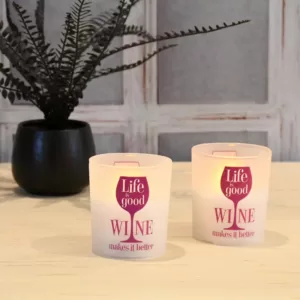 LUMABASE Battery Operated Wax Filled Glass LED Candles - Life is Good, Wine Makes it Better (Set of 2)