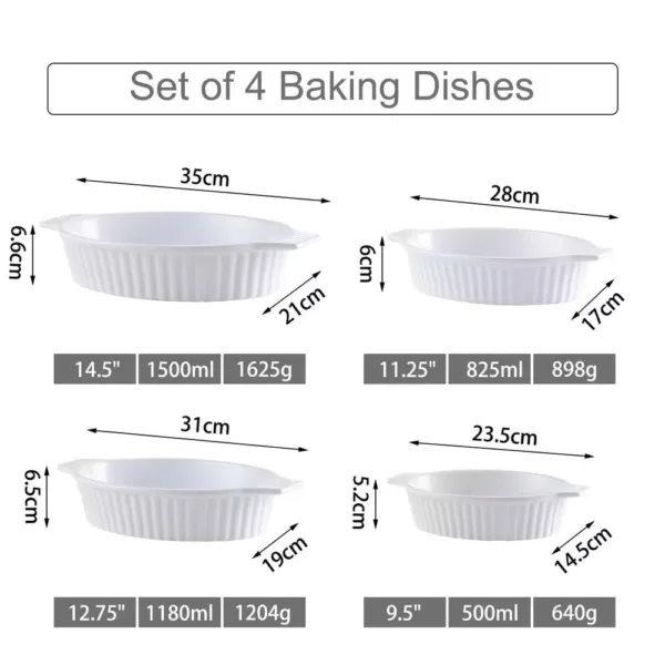 MALACASA 4-Piece White Oval Bakeware Set Porcelain Baking Dish Set for Cooking Kitchen