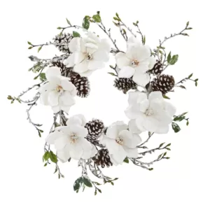 Nearly Natural 24 in. Snowed Magnolia and Pine Cone Wreath