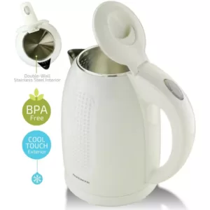 Ovente 7-Cup White Stainless Steel BPA-Free Electric Kettle with Auto Shut-Off and Boil-Dry Protection