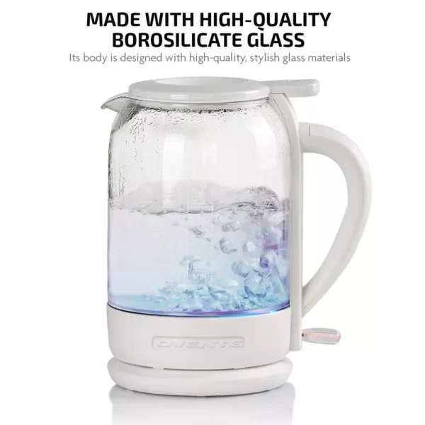 Ovente 6.3-Cup White Glass Electric Kettle with ProntoFill Technology - Fill Up with the Lid On