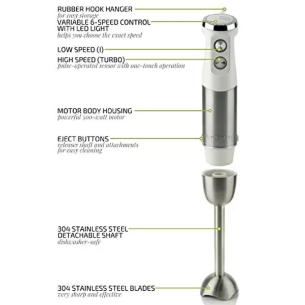 Ovente Multi-Purpose Immersion Blender, 500-Watt Hand Mixer, Stainless Steel Blades, 6-Speed Settings