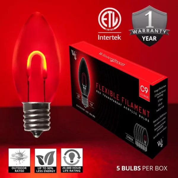 Wintergreen Lighting FlexFilament C9 LED Shatterproof Red Vintage Edison Christmas Light Bulbs (5-Pack)