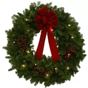 Worcester Wreath 24 in. Pre-Lit Classic Fresh Wreath with Red Velvet Bow : Multiple Ship Weeks Available