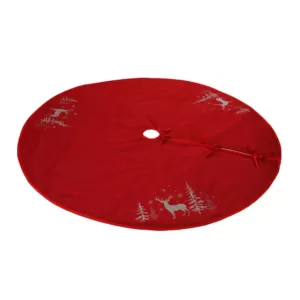 Xia Home Fashions 56 in. Deer in Snowing Forest Round Christmas Tree Skirt in Red