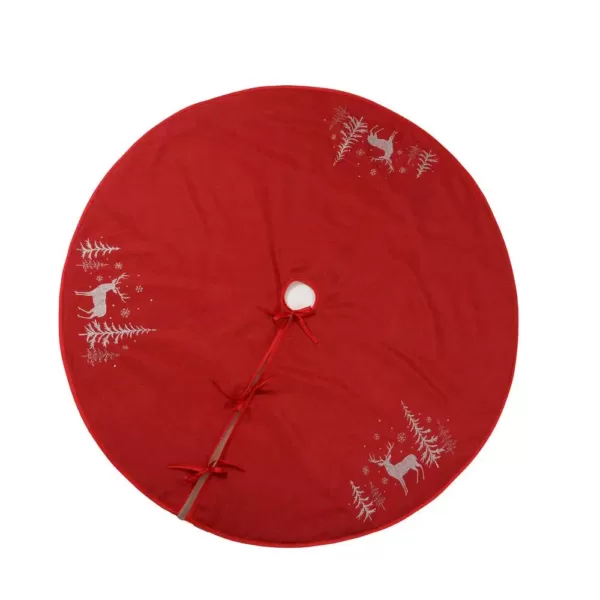 Xia Home Fashions 56 in. Deer in Snowing Forest Round Christmas Tree Skirt in Red