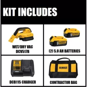 DEWALT 20-Volt 1/2 Gal. MAX Lithium-Ion Wet/Dry Portable Vacuum with Premium Battery Pack 5.0 Ah (2-Pack), Charger and Kit Bag