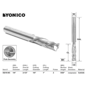 Yonico 2 Flute Compression Cut Spiral End Mill 1/4 in. Dia 1/4 in. Shank Solid Carbide CNC Router Bit