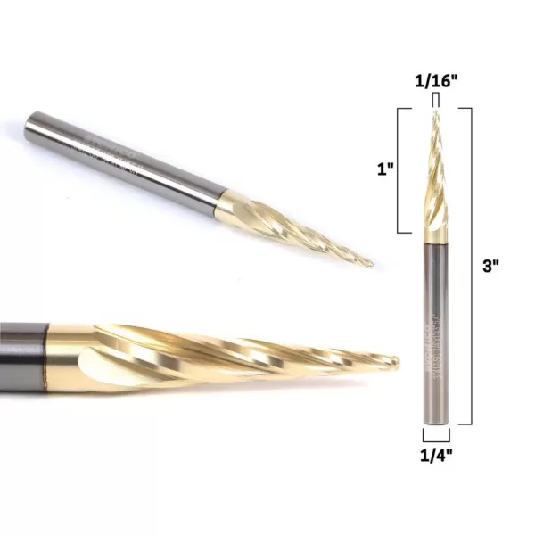 Yonico 4 Flute Taper Spiral ZRN Coated 1/16 in. Dia Solid Carbide CNC Router Bit